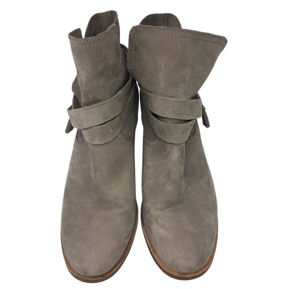 UGG Elora Taupe Suede Ankle Boots Womens 9.5 Wrap Strap Block Heel Western Style - Picture 3 of 16